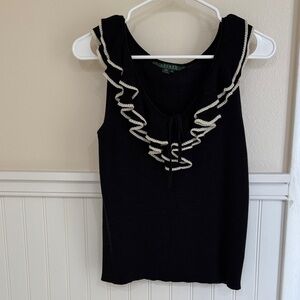Ralph Lauren Black and Cream Silk Ruffled Tank Top